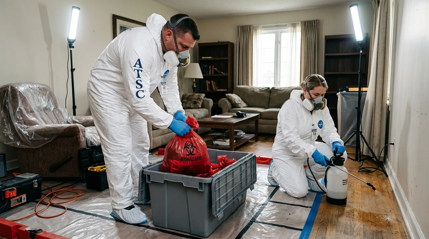 Professional Hoarding Cleanup technician in full PPE working in De Soto